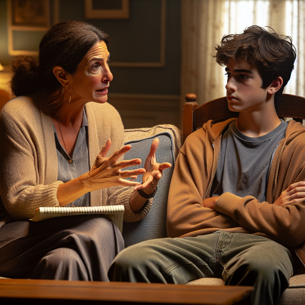 Imagine a scene where a woman, Martha, is interacting with her teenage son, Travis, in a living room setting. Martha, who is of a Middle-Eastern descent, is seated on a cozy, fabric-covered couch, her face displaying an expression of firmness and concern. She gestures emphatically with one hand, the other clutching a notepad where she's written down points to discuss. Across from her, Travis, a Hispanic teenage boy with unruly hair, leans against a wooden chair, arms crossed and face pensive. They are in mid-conversation - a quiet, serious discussion about responsibilities and understanding.