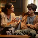 Imagine a scene where a woman, Martha, is interacting with her teenage son, Travis, in a living room setting. Martha, who is of a Middle-Eastern descent, is seated on a cozy, fabric-covered couch, her face displaying an expression of firmness and concern. She gestures emphatically with one hand, the other clutching a notepad where she's written down points to discuss. Across from her, Travis, a Hispanic teenage boy with unruly hair, leans against a wooden chair, arms crossed and face pensive. They are in mid-conversation - a quiet, serious discussion about responsibilities and understanding.