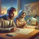 Create an image embodying the concept of language and grammar investigation. Visualize two individuals, one being a Caucasian Male and the other a Middle-Eastern Female, sitting at a wooden table engrossed in study with a magnifying glass placed over a paper filled with sentences. Please ensure the paper merely suggests text and is non-legible. In the background, depict a soft-lit room with a radio on a side table alluding to regular life activities and a world map with France and Italy clearly visible.