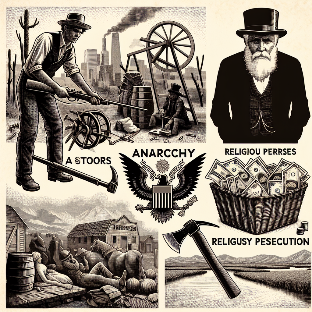 Illustrate a scene that represents the factful events responsible for the great migration to the United States in the late 1800s and early 1900s. The image should illustrate the following elements: a worker with tools, anarchy and husting symbolizing political unrest, a religious emblem in a state of distress for religious persecution, and barren lands and empty pockets symbolising scarcity of land and money. The scene should not contain any text.