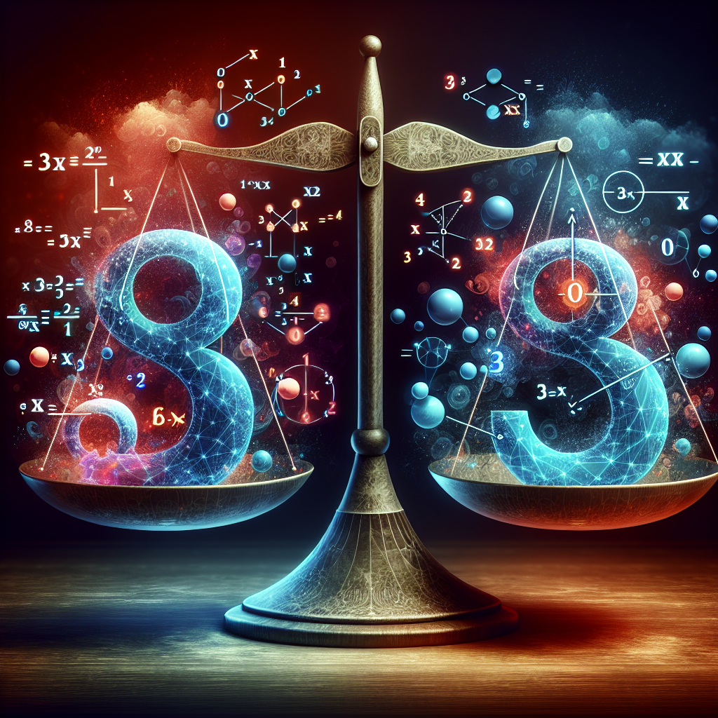 Create an abstract image illustrating the concept of an equation being analyzed for mathematical properties. Show two abstract entities representing -3(x+4) and -3x-12 on each side of a balance scale. Depict visual elements symbolizing various mathematical properties such as Distributive Property, Associative Property of Addition, Associative Property of Multiplication, and Commutative Property of Addition around the scale, being weighed against the equation. Ensure the image does not contain any text.