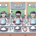 A detailed illustration of a science lab scenario where three students named Nicole, Matthew, and Leonard are conducting solubility experiments with sodium chloride. The lab is equipped with pertinent items like a beaker, stirring rod, stopwatch, and thermometer. There are three distinct experimental setups indicating each student's area. Although the students and their exact ethnicities are not seen, the distinct name tags on each setup prompt an association with diversity. In each setup, there are small piles of white crystalline substance, representing sodium chloride, and a beaker holding a clear liquid, symbolizing water.