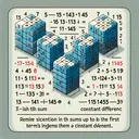 An interactive yet attractive educational image symbolizing a mathematical problem. Illustrate an arithmetic progression with the first 10 blocks showing a gradual increase or decrease, indicating the sum as 145 but leaving the individual values inscrutable. Show the fourth and ninth blocks distinctly since they sum up to five times the third term. Paint them in a unique color. Remain silent on the first term and constant difference, suggesting the question's task to find them.