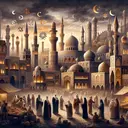 An atmospheric representation of an ancient Arab empire, showing various religious symbols harmoniously coexisting. The skyline is adorned with architectural wonders from the era, including grand mosques, churches, and synagogues, under a dusky sky. The rulers are depicted as wise, compassionate figures, interacting with citizens, showcasing the tolerant spirit of the times. A bustling market scene is filled with traders of all descents, including Middle-Eastern, Caucasian, and South Asian, further highlighting the diversity of the empire.