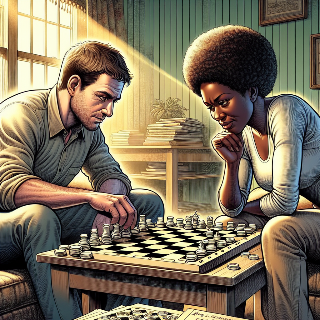 A detailed illustration of an intense game of checkers. In the scene, two friends, a Caucasian man with short brown hair and a black woman with curly hair, are deeply engrossed in the game. It is set in a comfortable living room, with the checkers board neatly placed on a wooden table, basked in the warm afternoon light coming from a window. The friends have a pile to the side with game records of their previous matches. The scene speaks of friendly competitiveness and a love for the game.