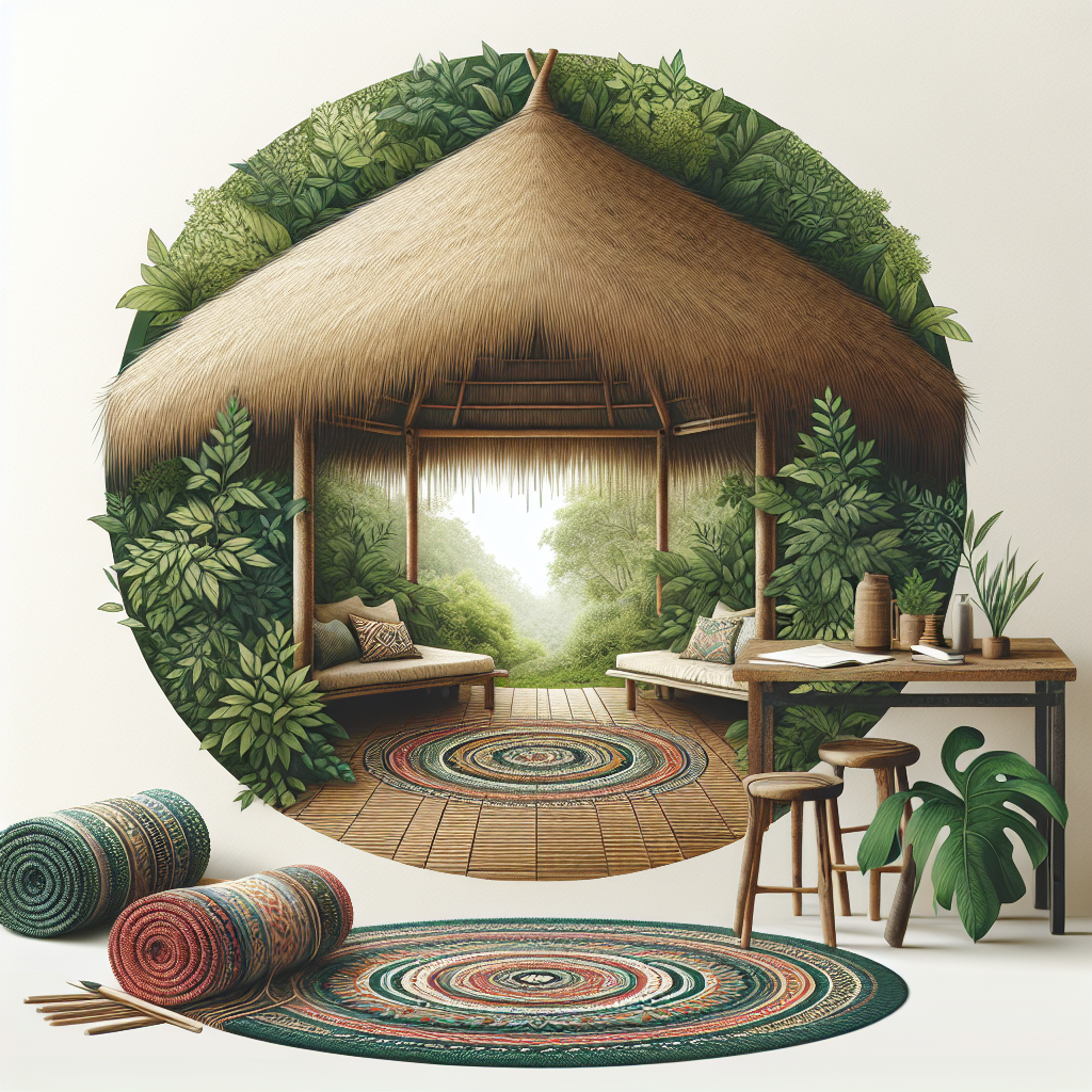 Design a tranquil scene showcasing an architecturally fascinating circular hut featuring a thatched roof. Enhance the warmth of the scene by incorporating lush, dense greenery enveloping the hut. Focus on the interior design elements, especially a vibrant woven mat with intricate patterns strewn across the floor, contributing to a cozy and inviting ambiance.