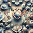 Generate an appealing image representing the concept of porcelain trading. The scene should depict an array of finely crafted porcelain items such as plates, cups, vases, and teapots. To add a historical context, include an old world map as a background suggesting international trade. A set of hands could also be shown exchanging the porcelain pieces suggesting commerce. Make sure the image contains no text.
