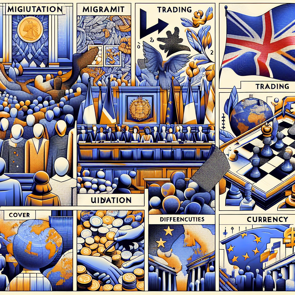 Generate an abstract image illustrating several themes related to governance such as moulded figurines of a council meeting, a map hinting at geographical disputes, and a strategically organized chess board representing different power positions. Also, depict different symbols representing migration, trading, a reference to Brexit, and currency to illustrate challenges a union could face. Finally, conceptualize a symbolic representation of a constitutional monarchy employing a crown, a ballot box, and a symbolic emblem of law, but avoid any direct text.