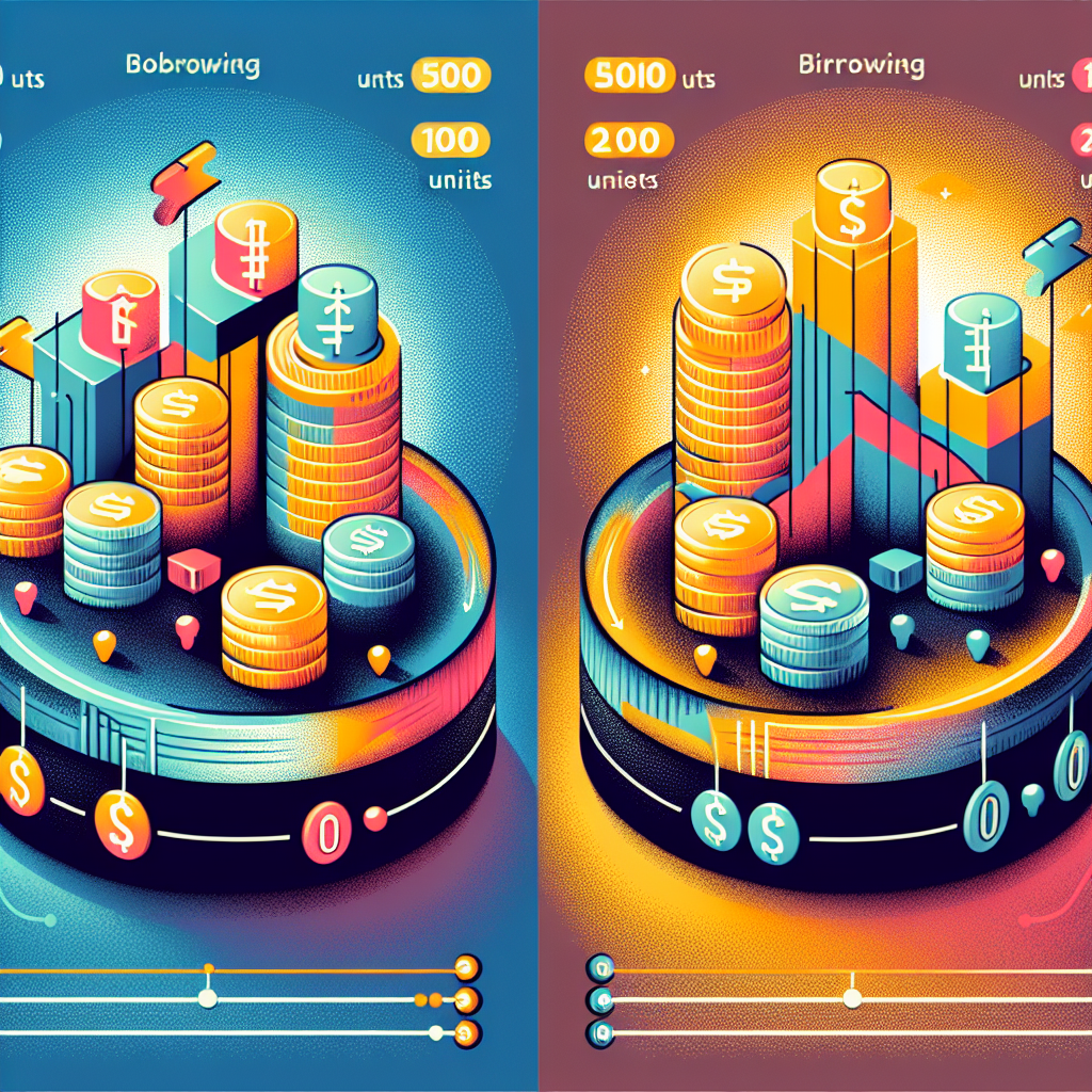 Generate a vibrant and clean visual representation of a financial concept. Image should show two scenarios: a) borrowing 500 units of currency for two weeks with a weekly interest of 100 units and b) borrowing 2000 units of currency for three weeks with an interest rate of 1 unit per every 10 units per week. Please illustrate these two distinct scenarios of lending and borrowing. The image should not contain any text.