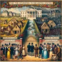 Generate an image that represents the following concepts related to Alexis de Tocqueville's visit to the United States during Jackson's administration: 1) A stark divide between the affluent and impoverished, represented by luxurious mansions on one side and modest shack houses on the other. 2) The flourishing spirit of democracy and equality among classes, symbolized by a diverse group of people of all ages, genders and descents voting. 3) A representation of a government that limits voting rights to the wealthy, depicted by a large gate with a sign that read 'Only for the Rich'. 4) A portrayal of the growth in racial equality and increased rights for African Americans, embodied in the form of an African American man and woman standing proudly and confidently.