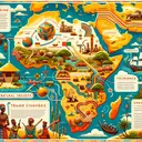 Illustration of a vibrant interactive map detailing the cultural exchanges that took place between East Africa and foreign lands. The map should depict traditional cultural symbols, trade routes, and natural resources unique to East Africa, as well as the influences from foreign interactions. There should be visual elements symbolizing the sharing of architectural styles, customs, and languages. Please ensure the image is text-free and engaging.