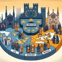 Illustrate a visual representation of the key concepts captured in a series of educational questions related to the European Union, Islam in Western Europe, and the Protestant breakaway from the Catholic Church in the 1500s. The scene should include a symbolic depiction of the European Union, a map featuring Western Europe, and a segment showing a split between two entities representing the Catholic Church and Protestants. Make sure the image contains no text, and instead, represents ideas through symbols and visuals. Ensure the visuals are distinguishable and properly color coded to properly convey the information.