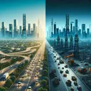 Create a picture showing two adjacent landscapes. On the left, a bustling city with towering skyscrapers, a grid of roads filled with vehicles, and a few drilling structures in the distance, symbolizing a thriving oil economy. On the right, show a vastly different scenario with empty roads, few vehicles, dark skyscrapers with minimal lights, and idle oil derricks, symbolizing a potential economic shift from reduced oil usage worldwide. Ensure the image contains no text.
