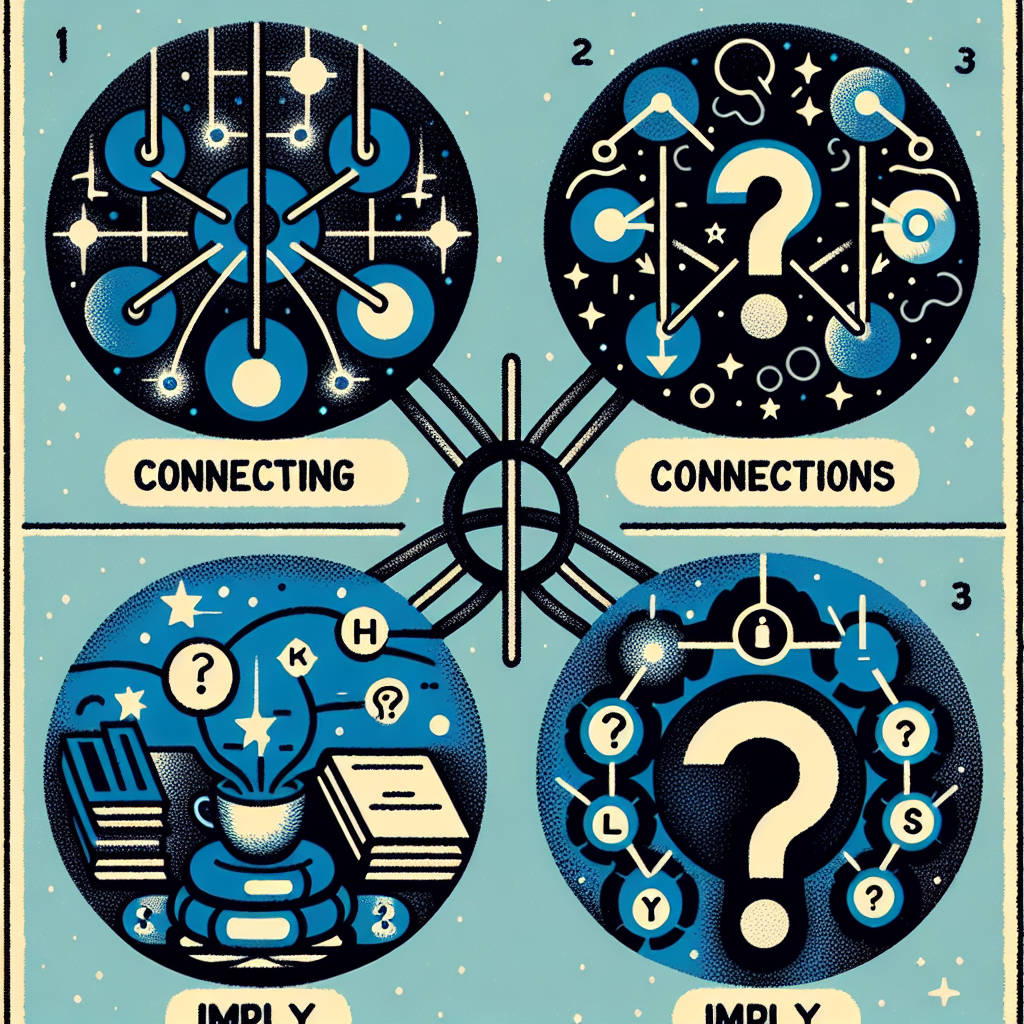A visual representation of three different reading strategies. The first one depicts the act of making connections. This could be represented by an image of links in a chain or a web of interconnected lines, symbolizing the connections between pieces of information. The second one is about asking questions which could be represented by an image of a thought bubble containing a question mark. The third one is contradicting the other strategies, as the concept of imply is visualized as an ambiguous, less defined shape or pattern, indicating its non-strategy behavior in reading.