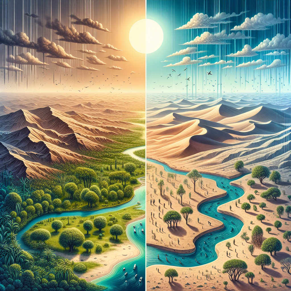 An illustrative and enticing image depicting two contrasting climatic regions. The first region, represented by options 1 and 3, includes places like Jordan, Turkey, and northern Iran, which are known for their relatively more humid and moist climates. Consider showing these areas with lush greenery, dense forests, flowing rivers, or large bodies of water. The second region, represented by options 2 and 4, includes places like Israel, Saudi Arabia, and western Iran, which are known for their arid climates. Here envision a barren desert landscape with sparse vegetation, dunes, and heat waves visible in the air. Please ensure that the image does not contain any text.