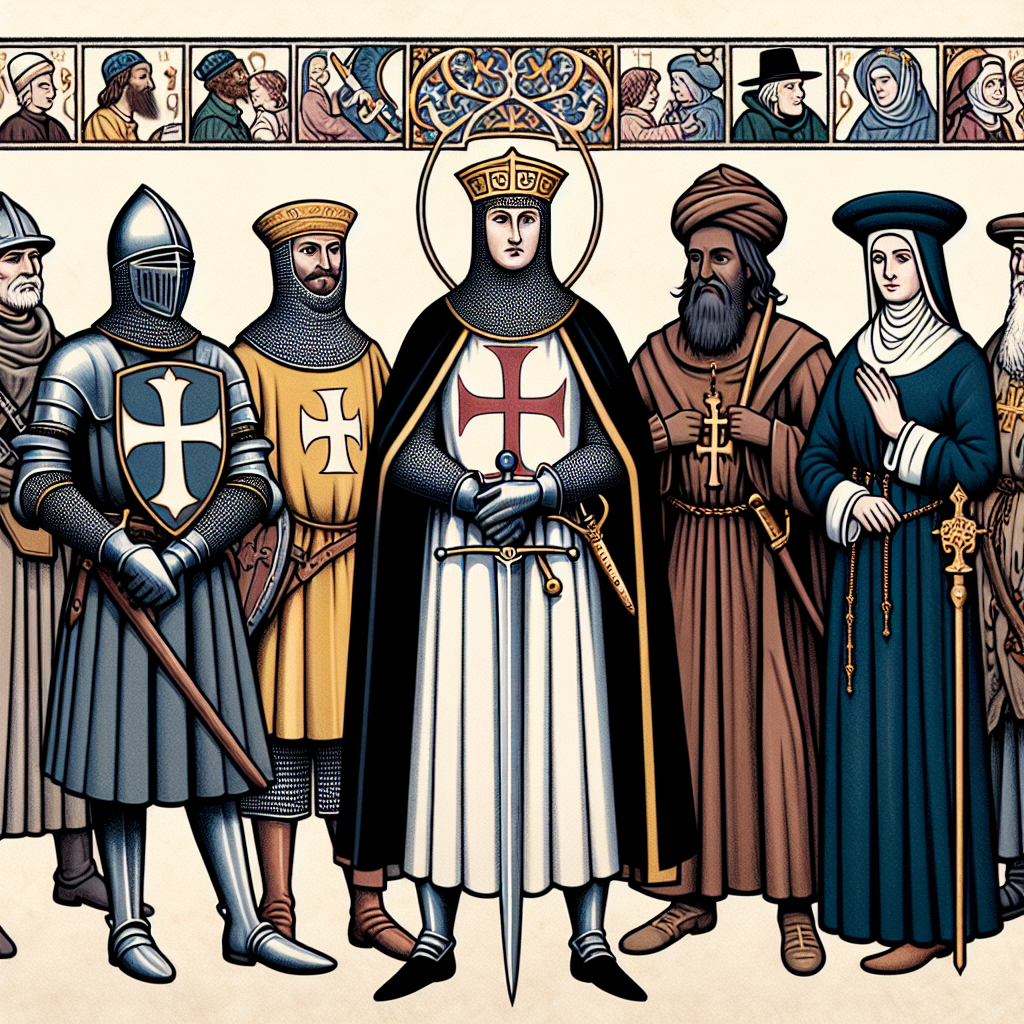 Create an attractive visual representation of the Middle Ages, highlighting various elements pertaining to the Church, religion, and people of different backgrounds. The image should have no text. It should feature figures representative of the options considered, including a European knight, a Christian, a Muslim, and a Jew, depicted neutrally and without bias. Also, subtly hint towards the concept of heresy in the context of the Middle ages, without any explicit or offensive innuendos.