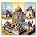 Create an educational and appealing historical image without any text. The image should represent the four historical empires mentioned: Ottoman, Byzantine, Roman, and Russian. Depict the geographical regions of Albania, Kosovo, and Bosnia and Herzegovina subtly involved. In the image, represent the Ottoman empire with a mosque showing Islamic art and architecture, the Byzantine empire with an Orthodox Christian church, the Roman empire with a Roman temple, and the Russian empire with a Russian style Orthodox church. Use different corners or quadrants of the image for each empire's architectural representation.