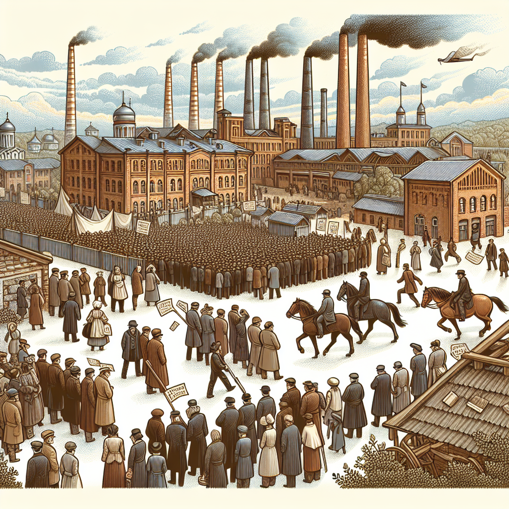 Illustrate an educational scene depicting events in early 1900s Russia. Show a crowd of diverse people demonstrating unrest in a historic cityscape, with elements such as factory smokestacks indicating rapid industrial growth, and hints of change as seen in the presence of greenery suggestive of a revolution. Make sure to depict an atmosphere that alludes to a turning point in the era's history.