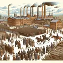 Illustrate an educational scene depicting events in early 1900s Russia. Show a crowd of diverse people demonstrating unrest in a historic cityscape, with elements such as factory smokestacks indicating rapid industrial growth, and hints of change as seen in the presence of greenery suggestive of a revolution. Make sure to depict an atmosphere that alludes to a turning point in the era's history.