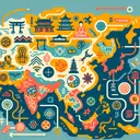 Illustrate a stylized, colorful map of East Asia featuring prominent cultural and historical symbols. Include indications of various distinct civilizations, like symbols of architecture, arts, and technology. Have several paths intersecting and diverging around the map to represent the spread of civilization and cultural exchange, but make sure not to include any text.
