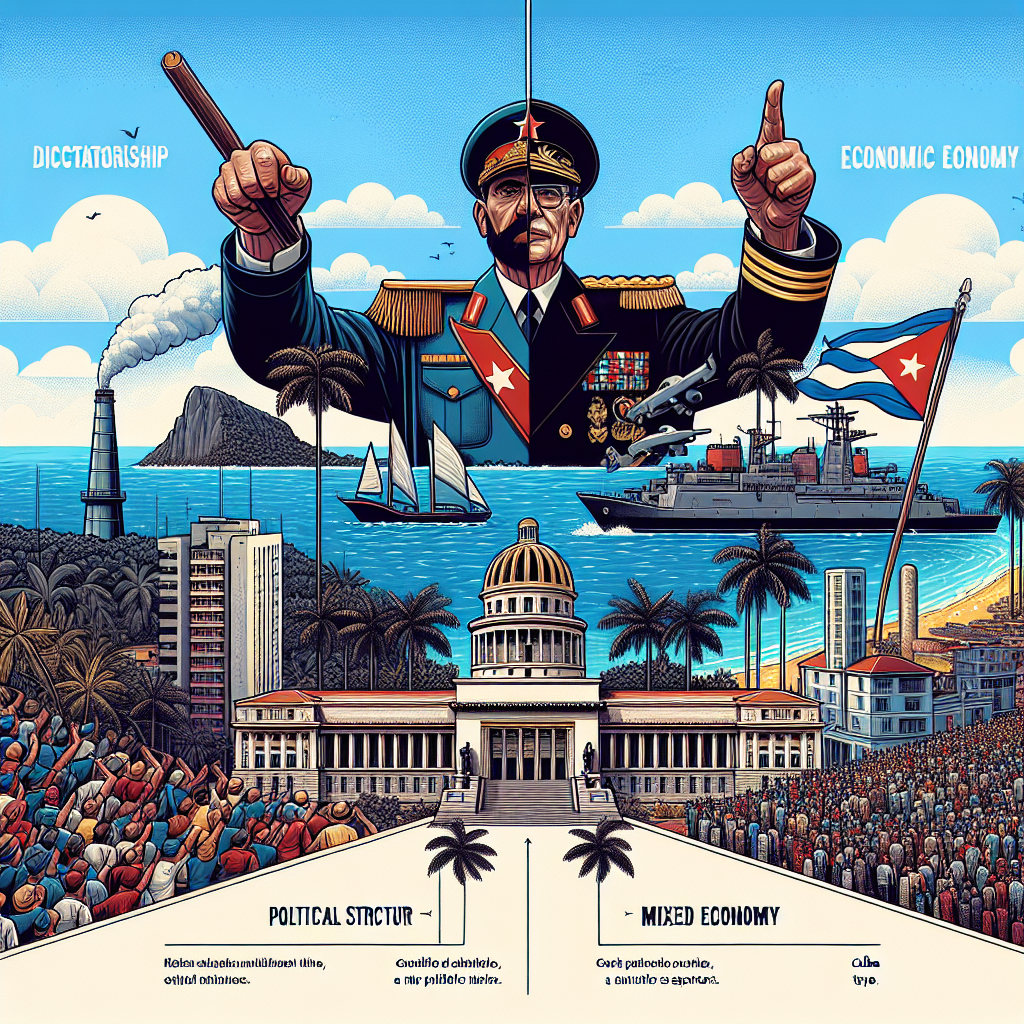 Illustrate a non-textual representation of Cuba's difference from other Caribbean countries, in terms of its political structure and economic type. First, depict visual symbols that represent a dictatorship and a mixed economy, without using any words or letters. For the political structure, craft symbols that convey the absolute power of a single ruler. For the economic type, combine symbols that represent both public and private sectors. The focus should be on detailing imagery where the subtlety of symbols should convey each aspect of Cuba's uniqueness in the Caribbean context. This image should be styled to evoke thoughts synonymous with the subject matter.