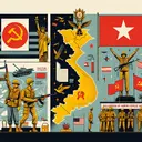 Create an image showing symbolic representations of the events at the end of the Vietnam War. Include elements such as a unified map to represent the unification under a communist government, soldiers returning to their homes to indicate the withdrawal of American troops, and a bold figure standing tall to present the declaration of North Vietnamese independence.