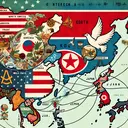 An intricate eastern Asian map, with highlighted countries including North Korea, the United States, and Japan. North Korea is marked with representations of trade goods and a peace treaty, the US with national symbols, and Japan with a peace dove. A bold line is connecting North Korea to both the US and Japan, indicating trade and peace respectively. The background is filled with background illustrations of other East Asian countries displaying signs of disapproval or condemnation.