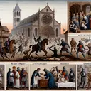 An interpretive image conveying the evolving concept of chivalry, influenced by the church. Depict a scene where a medieval church can be seen in the background. In the foreground, an array of knights in varied poses each demonstrating a different aspect of the code of chivalry. Show one knight yielding a weapon, symbolizing military conquest, another knight exhibiting acts of bravery, perhaps saving a villager from a wild beast. Another knight showcases generosity, helping the needy, while a fourth knight is seen taking off his knightly armor, indicating the elimination of knighthood.