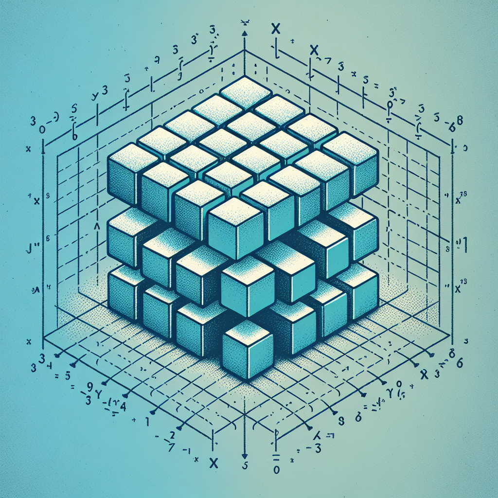 Create an image that represents an abstract mathematical concept. Display a large, embossed cube, representing the 'x^3' in the problem statement, contrasted with a series of smaller faint cubes, symbolizing the 'x^-17'. Both groups of cubes are drawn on a grid, conveying the concept of multiplicative relationship. Colors used are calming shades of blue and green, implying a sense of pleasure and intrigue, ensuring the image is appealing. There should be no text present within the image.