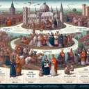 Generate an image of a timeline spanning the period from 500 to 1500 AD in Europe. The timeline is meant to illustrate select events from the Middle Ages. The notable events include Pope Gregory I sending missionaries to Britain in 597 AD, Pope Leo III crowning Charlemagne as Holy Roman Emperor in 800 AD, the conversion of the first Polish king to Christianity in 966 AD, the monasteries taking an active role within society around 1200 AD, and Thomas Aquinas publishing his work on natural law in 1265 AD. To be clear, this image should contain no text.