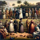 An evocative scene of the first British settlers to Australia. Create four distinct groups of people representing each category. Group one as well-dressed, affluent individuals standing near a plantation, group two as individuals in plain clothes, hinting at modest origins or criminal pasts, group three as an assortment of individuals wearing opulent attire suggestive of royalty, and group four as devout, austere individuals identifiable as missionaries. Ensure that the scene is diverse, including both men and women of different descents such as Caucasian, Black, Hispanic, Middle-Eastern, and South Asian in each group. Remember, no written text is to be included in the image.