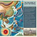 A detailed geographical illustration showcasing the challenge of plate tectonics in East Asia. The image should be detailed and represent the major points including the creation of typhoons, rendering of land less arable, spread of infectious diseases, and triggering of natural disasters like earthquakes, tsunamis, and volcanic eruptions. The image should be without any text and very informative.