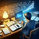Illustrate an educational scene depicting a student of South Asian descent, studying quadratic functions and equations late in the night, surrounded by notebooks and a laptop. An open textbook with sketched graphs of quadratic equations and functions lies next to him. The glow of the lamp and the laptop screen cast an inviting light over the whole scene. Make sure the image doesn't contain any answers or text.