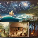 An exciting visual representation illustrating a Polynesian navigating the vast ocean, with star constellations in the night sky. On a separate part of the canvas, portray a scene from early New Guinea, showcasing an Indigenous person tending to a farm, with the lush environment around them. For the final part, depict diverse Aboriginal cultures in Australia, with differing landscapes and ways of life, such as seashore hunting and farming in wooded areas, mixed with both permanent dwellings and nomadic tents.