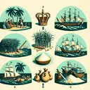 Create an image that visually depicts the concepts of the question without textual elements. The image should include elements suggestive of the Spanish crown during the era of colonial trade, symbolized by a crown, a sailing ship, and barrels. Also portray sugar cane, perhaps growing in a colonial plantation, with indications of prosperity such as bags of money. To further embody the options, subtly suggest the concepts of war (with a broken sword, for instance), decreased trade (show fewer ships or goods being transported), and a decreased demand for other goods (illustrated by less variety of goods).