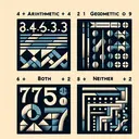 Create an appealing image relating to mathematical sequences. The image should represent four distinct categories - Arithmetic, Geometric, Both, and Neither. These categories can be denoted by visually unique symbols or patterns. A set of numbers, 7, 9, 11, and 13, should also be included in the image, represented on a number line or other mathematical visual aid. The image should however not include any textual elements.