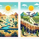 Create a wide and detailed landscape illustration. On the left, depict a semi-arid environment with barren lands and cacti, symbolizing the difficulty of farming due to little rainfall. Depict a sun high in the sky, radiating hot rays. On the right, show a moist climate with an oil rig in the background, suggesting reduced oil production. In between these two scenarios, illustrate a river bursting its banks, causing flooding in a semi-arid environment. Finally, show an area with wilting crops due to a shortage of water in a moist environment.