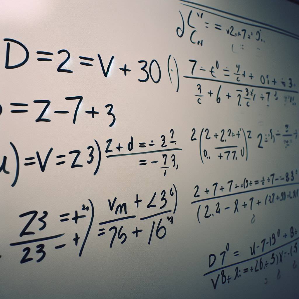 An image of a mathematical equation, prominently displaying 'D = 2V + 30'. Below this main formula, there are two example calculations included - when 'V = 73', the equation simplifies to 'D = 176'. The background is a clean whiteboard with the numbers and symbols written in clear, legible handwriting.