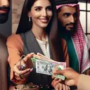 An image illustrating a South Asian female cashier, in modern retail attire, extending her hand to hand over vibrant, multi-denominated currency notes to two customers. One customer is a Middle-Eastern male, dressed smart-casual with an appreciative smile, and the other is a Caucasian female, with trendy urban fashion, eagerly extending her hand to receive the change.