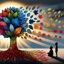 Visual representation of an abstract concept of assimilation, depicted as a colorful tree losing its indigenous-unique colorful leaves getting replaced by uniformly gray leaves. At the base of the tree, depict an aboriginal child watching with a solemn expression. The background is dominated by a setting sun casting long shadows over the landscape.