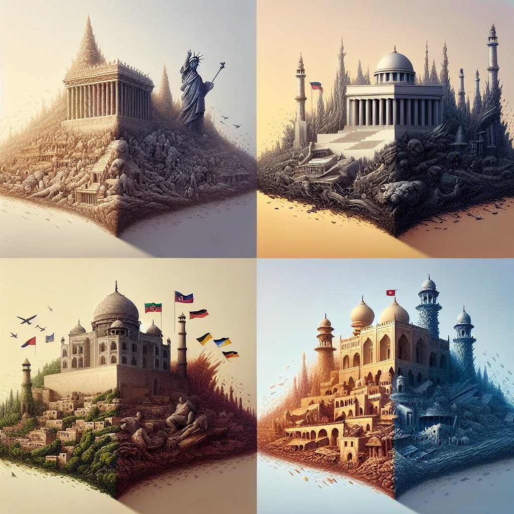 An image that subtly represents the political structures mentioned in a question - Monarchies, Democracies, Islamic Republics, and Dictatorships. It should be interesting and engaging but contains no text. It could be structured such that four distinct, abstract areas each represent a type of government without any bias. Avoid depictions of specific locations or cultures. The exact interpretation of each political structure can be left abstract and generalized, yet differentiated enough for viewers to see the diversity.