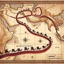 Visualize an ancient map depicting the historic Silk Road. Show a start and end point denoting China and the Mediterranean Sea respectively, using period correct charts. Illustrate this path with a wide, flowing silk ribbon marking the trade route. Scatter along the route, small silhouettes of caravans laden with goods, to represent the exchange of goods and cultures during that era. Ensure this ancient map is free of any modern markings or text.