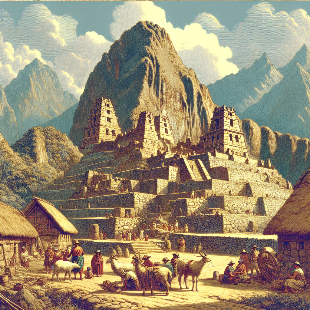 Illustrate an awe-inspiring scene of the majestic Inca civilization at the height of its power. Include vivid depictions of their grand architectural achievements, with immense and intricate stone structures, like Machu Picchu, that stand tall and defiant against a backdrop of rugged, Andean mountains. Also, show the complexity of their highly developed agricultural systems, such as the terraced mountain-side farming. Further, suggest the meticulous nature of their craftsmanship and visual art. The scene should be buzzing with life, portraying a diverse group of Inca men, women, and children busily engrossed in their daily activities.