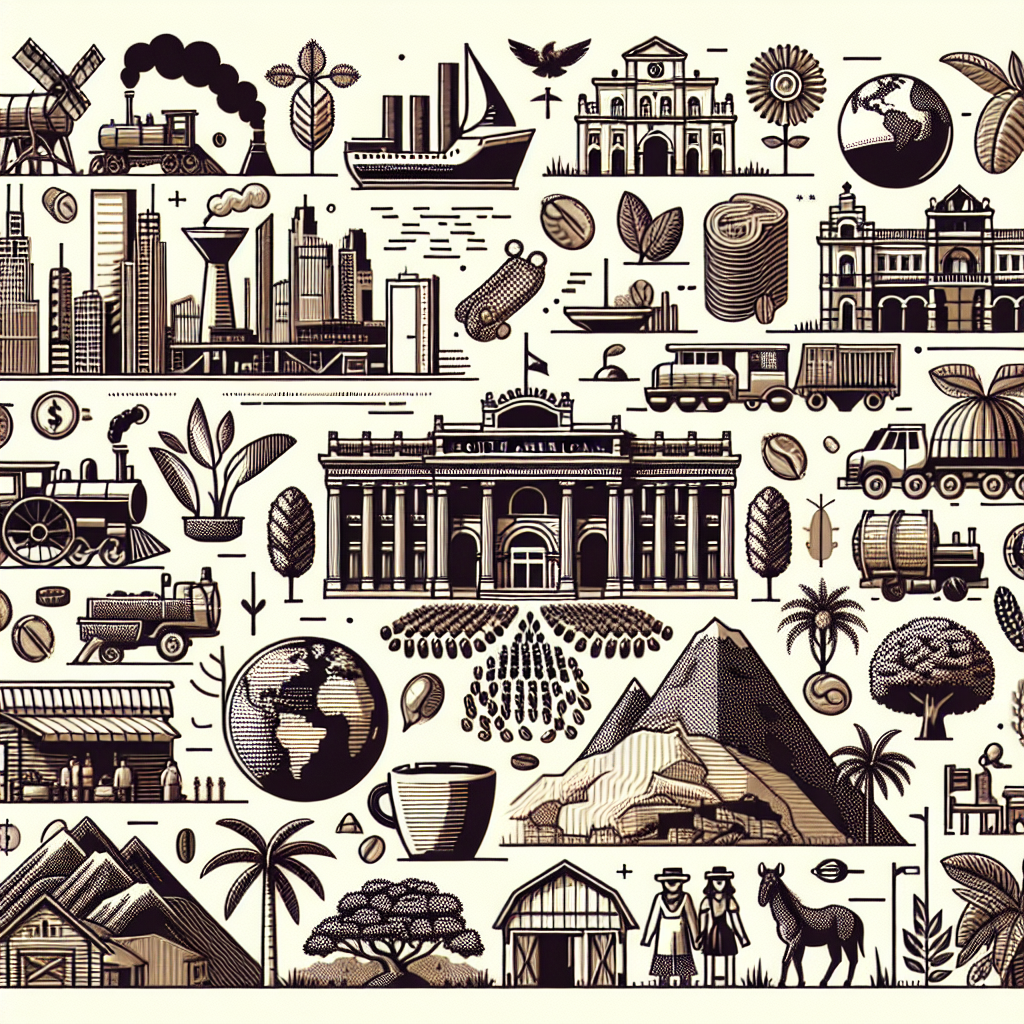Visual representation of various elements of the South American economies. The image will depict symbols of industry, agriculture, and trade, common across this continent, to illustrate the similarities. These could include the mining sector, architectural styles of commercial buildings, and traditional market scenes. On the other hand, unique elements representing the distinct economic practices of different South American countries like Argentina, Brazil, and Columbia will highlight the differences. These could include the wine production of Argentina, the coffee plantations of Columbia, and the Amazonian ecosystems in Brazil which majorly contribute to its economy.