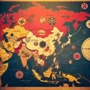 A visually appealing image that corresponds to a history-based question about World War II but contains no text. The image illustrates a vintage map of Eastern Asia with highlighted countries such as China, Japan, Korea, and Mongolia. The map is adorned with old-fashioned symbols representing military power.