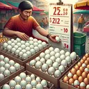 Visual depiction of a marketplace scene with an Asian male trader selling eggs. He has three cartons, one carton is filled with 150 eggs, another empty carton symbolizing a total of 22.50 currency units he bought the eggs for, and a third smaller carton with 30 cracked eggs. Next to the trader, portray a sign indicating the price of the uncracked eggs at 17 units and the cracked eggs at 10 units each. The scene should be rich in colors, primarily soft yellows and whites for the eggs and vibrant reds, blues, and greens for the marketplace background. The image should not contain any text.