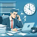 Create an image symbolizing a busy person at their workspace. The illustration should include a Caucasian man sitting at a desk looking at a pile of paperwork, a laptop, and a ringing phone. In the background, there should be a clock showing it's late in the evening, suggesting a long day of work. The man should look a bit overwhelmed showing that he doesn't have time for other activities because he needs to work late.