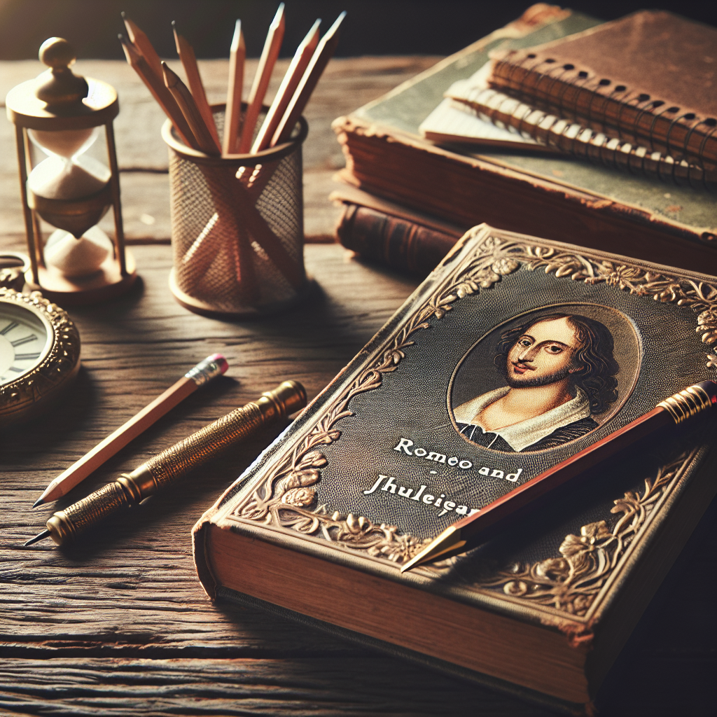 Create an image related to education and literature. Display a closed vintage book with 'Romeo and Juliet' written by Shakespeare, placed on a worn-out wooden desk. Also, around the book, depict a pencil, a notebook and an antique brass hourglass signifying exams and tests. The ambiance should be quiet and studious, with warm light casting gentle shadows.