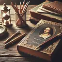 Create an image related to education and literature. Display a closed vintage book with 'Romeo and Juliet' written by Shakespeare, placed on a worn-out wooden desk. Also, around the book, depict a pencil, a notebook and an antique brass hourglass signifying exams and tests. The ambiance should be quiet and studious, with warm light casting gentle shadows.