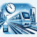 Illustrate an MRT train commencing a journey, moving at an initial speed of 30 kilometers per hour. The environment should depict a journey that covers a distance of 21 kilometers. To represent the concept of time passing, depict a large clock that shows 18 minutes have passed. Please make sure the image does not incorporate any explicit numerical values or text. Additionally, convey the idea of the train accelerating, perhaps through a keen use of motion blur in the background or vibrations emanating from the train itself.